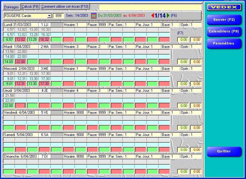 Ecran de correction des pointages WXT VEDEX